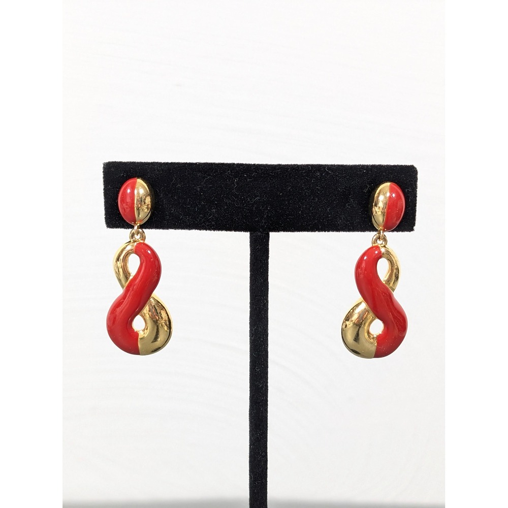 Monet Red Enamel Gold Tone Drop Earrings Vintage 80s Statement‎